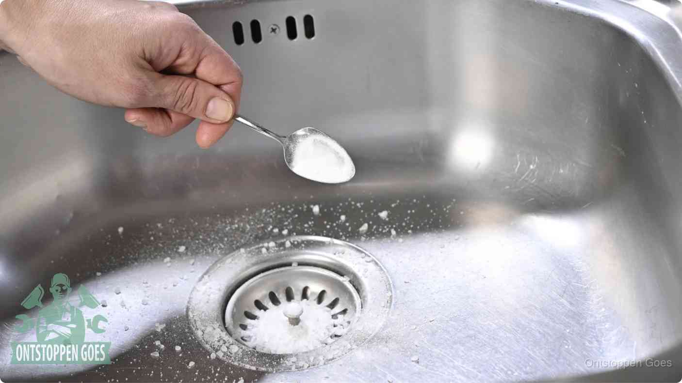 Een hand strooit met een lepel soda in de afvoer van een roestvrijstalen spoelbak, de soda en azijn huismiddel-methode om de afvoer te ontstoppen in Goes