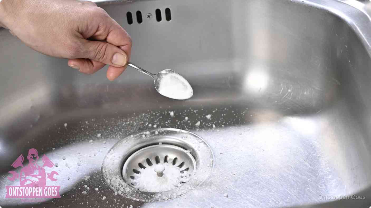 Een hand strooit met een lepel soda in het afvoerputje van een rvs spoelbak, de soda en azijn huismiddel-methode in Goes